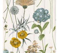Botanist Floral Flower Themed Wallpaper on Wood Panel Effect Background Perfect for Dining Rooms, Bedrooms, Cottage Style White/Green Belgravia 4772