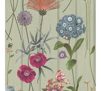 Botanist Floral Flower Themed Wallpaper on Wood Panel Effect Background Perfect for Dining Rooms, Bedrooms, Cottage Style Sage Green Belgravia 4773