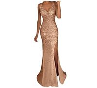 BOTCAM Evening Dress for Women Elegant Wedding Long Glitter Elegant V Neck Sleeveless High Waist Side Slit Maxi Dress for Women Glitter Princess Maxi Dress, gold, XL