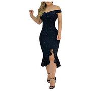 BOTCAM Evening Dress Long Elegant for Wedding Women Plain Shoulderless Flounce Side Slit Maxi Dress Party Dress Women's Sexy Glitter Knee-Length Wedding Dress Princess Bodycon Cocktail Dress, 1-Black