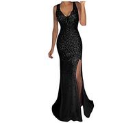 BOTCAM Evening Dress Women's Elegant for Wedding Long Party Dress Glitter Women Elegant V-Neck Sleeveless High Waist Side Slit Long Maxi Dress Princess Women's Glitter Cocktail Dress, black, XL