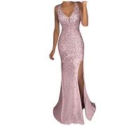 BOTCAM Evening Dress Women's Elegant for Wedding Long Party Dress Glitter Women Elegant V-Neck Sleeveless High Waist Side Slit Long Maxi Dress Princess Women's Glitter Cocktail Dress, pink, M