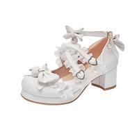 BOTCAM Mary Jane Shoes with High Heel for Girls Women Cute and Elegant Lace Bow Pearl Strawberry Cute Evening Shoes Wedding Shoes Festive Party Wedding Prom Heels, Z White2, 1 UK