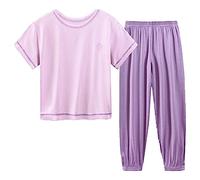 BOTCAM Multi Colour Children's Furnishings Solid Short Sleeve Crew Neck Top + Trousers Two Piece Set Partner Look Sisters, purple, 8-9 Jahre