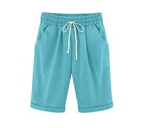 BOTCAM Women's Cotton Trousers Plus Size High Waisted Shorts Lacing Beach Workout Pocket Five Point Pants Mount Cargo Shorts Men, sky blue, L