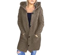 BOTCAM Women's Plain Long Cardigan with Hood and Pockets Long Sleeve Open Shape Hooded Cardigan Made of Fine Knit Warm Thick Chunky Knit Jumper Winter Hoodie Women Knitted Jumper, khaki, M