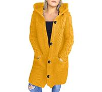 BOTCAM Women's Plain Long Cardigan with Hood and Pockets Long Sleeve Open Shape Hooded Cardigan Made of Fine Knit Warm Thick Chunky Knit Jumper Winter Hoodie Women Knitted Jumper, yellow, XL