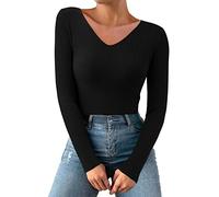 BOTCAM Women's Pullover V Neck Ribbed Slim Fit Thin Jumper Sexy Long Sleeve Shirt Basic Tops Tunic Women Thin Knitted Jumper Tight High Elasticity Sweater Top Elegant Bodycon Pullover, black, One size