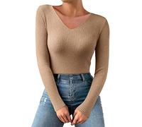 BOTCAM Women's Pullover V Neck Ribbed Slim Fit Thin Jumper Sexy Long Sleeve Shirt Basic Tops Tunic Women Thin Knitted Jumper Tight High Elasticity Sweater Top Elegant Bodycon Pullover, khaki, One size