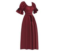 BOTCAM Women's Retro Medieval Dress with Short Sleeves, Medieval Victorian Queen Dresses, Renaissance Gothic Maxi Dress, Carnival, Halloween Party, Princess Costume, Length, Ankle Dress, Wine Red, XL