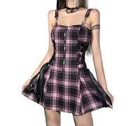 Botenwall Gothic High Waist Sexy Backless Mini Plaid Dress Mall Goth Grunge Punk Aesthetic Dresses Y2k Party Dress, Goth Pink Dress, Small