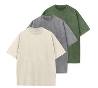 Botong 3 Packs Mens Oversized T Shirt Vintage Heavy Cotton T-Shirt Unisex Loose Fit Acid Wash Tee Army+Grey+Apricot XXL