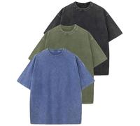 Botong 3 Packs Mens Oversized T Shirt Vintage Heavy Cotton T-Shirt Unisex Loose Fit Acid Wash Tee Black+Army+Blue L