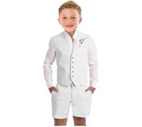 Botong Boys Linen Short Suit 2 PC Boys Summer Suit for Beach Wedding Kids Linen Suit Boys Ring Bearer Outfit White 4T