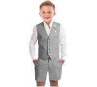 Botong Boys Linen Short Suit 2 PC Boys Summer Suit for Beach Wedding Kids Linen Suit Boys Ring Bearer Outfit Light Grey 4T