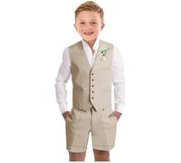 Botong Boys Linen Short Suit 2 PC Boys Summer Suit for Beach Wedding Kids Linen Suit Boys Ring Bearer Outfit Beige 4T