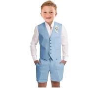 Botong Boys Linen Short Suit 2 PC Boys Summer Suit for Beach Wedding Kids Linen Suit Boys Ring Bearer Outfit Light Blue 4T