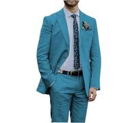 Botong Linen Suit for Men 2 PC Notch Lapel Summer Wedding Tuxedos Lightweight Prom Party Suit Blue 40 Chest / 34 Waist