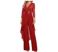 Botong Mother of The Bride Pants Suit Set 2 PC Chiffon & Lace Wedding Guest Outfit ith Rhinestone 3/4 Sleeves