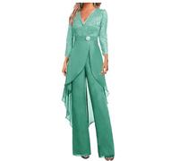 Botong Mother of The Bride Pants Suit Set 2 PC Chiffon & Lace Wedding Guest Outfit ith Rhinestone 3/4 Sleeves Turqoise 18