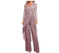 Botong Mother of The Bride Pants Suit Set 2 PC Chiffon & Lace Wedding Guest Outfit ith Rhinestone 3/4 Sleeves Dusty Rose 14