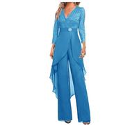 Botong Mother of The Bride Pants Suit Set 2 PC Chiffon & Lace Wedding Guest Outfit ith Rhinestone 3/4 Sleeves Blue 16