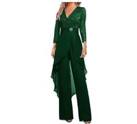 Botong Mother of The Bride Pants Suit Set 2 PC Chiffon & Lace Wedding Guest Outfit ith Rhinestone 3/4 Sleeves Dark Green 20