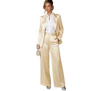 Botong Satin Suit for Women 2 PC Notch Lapel Blazer Pants Set Business Suit Beige S