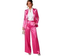 Botong Satin Suit for Women 2 PC Notch Lapel Blazer Pants Set Business Suit Hot Pink S