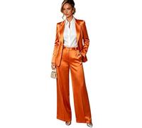 Botong Satin Suit for Women 2 PC Notch Lapel Blazer Pants Set Business Suit Orange S