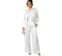 Botong Satin Suit for Women 2 PC Notch Lapel Blazer Pants Set Business Suit White S