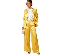 Botong Satin Suit for Women 2 PC Notch Lapel Blazer Pants Set Business Suit Yellow S