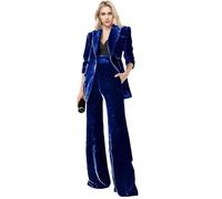 Botong Women's 2 Piece Velvet Office Work Suit - Notch Lapel Double Breasted Blazer and Pants Set, Royal Blue, Medium