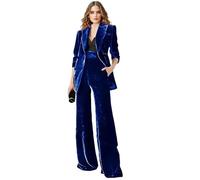 Botong Women's 2 Piece Velvet Suit Office Business Ladies Trouser-Suit Peak Lapel Double Breasted Blazer and Pants Set Royal Blue Size XXL