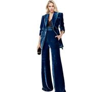 Botong Women's 2 Piece Velvet Suit Office Work Suit Notch Lapel Double Breasted Blazer Pants Business Suit Set, Blue, XL