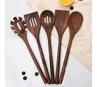 BOTOWI 6 Pcs Wooden Cooking Utensils Set: Black Walnut Wooden Spoons for Cooking Non-Stick Pan, Wood Solid Slotted Spoon, Spatula Turner, Spaghetti Server