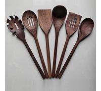 BOTOWI 6pcs Walnut Wooden Kitchen Utensil Set - Spatula, Slotted Turner, Soup Ladle, Slotted Spoon, Pasta Server, Soup Spoon - 14" Rustic Cooking Utensils