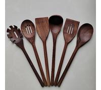 BOTOWI Black Walnut Kitchen Utensils Set 6 Pcs, Dark Wooden Cooking Utensils 14" Long Handle Natural Walnut Wood Flat Spatula, Slotted Turner, Soup Ladle, Skimmer, Pasta Server, Spoons for Cooking