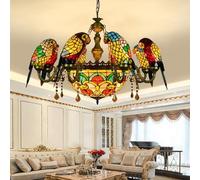 BOTOWI Large Tiffany Lamp Stained Glass Parrot Chandeliers, 6/8/12 Heads Bird Crystal Beads Ceiling Hanging Light Fixtures Home Decoration Lamp for Restaurant Hotel Living Room,8 Head