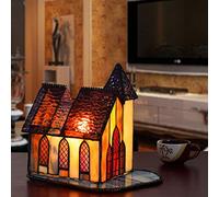 BOTOWI Tiffany Style Stained Glass Cathedral Church Night Light, E14, Accent Lamp, Table Lamp, Antique Blue Glass Base, 110-240V