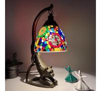 BOTOWI Turkish Moroccan Lamp with Cat Base Handmade Tiffany Mosaic Glass Table Lamp Bohemian Bedside Night Lights for Bedroom Living Room Bar Cafe 15″ High,Multi colored