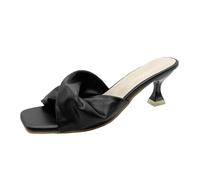 BOTRENT Women's Cross Strap Leather Kitten Heel Slip-On Sandals Fashion Square Open toe Low Heel Party Mule Sandals for Daily Outdoor Evening Dating, Black, 8 UK