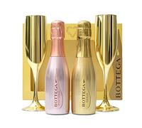 Bottega Prosecco Gift Set - Luxury Rose Gold & Gold DOC,2 x 20cl Miniature Bottles, 2 x Champagne Flute Glasses - Pink Prosecco Gifts For Women, Birthday, Alcohol Gift Set, Mum, Stocking, Christmas