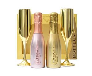 Bottega Prosecco Gift Set - Luxury Rose Gold & Gold DOC,2 x 20cl Miniature Bottles, 2 x Champagne Flute Glasses - Pink Prosecco Gifts For Women, Birthday, Alcohol Gift Set, Mum, Valentines Day