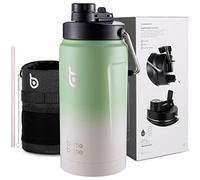 Bottle Bottle 2 Litre Water Bottle with Straw and Dual-use Lid Large Insulated Water Bottles with Handle Big Stainless Steel Metal Flask for Hot Drink(Green Gray)