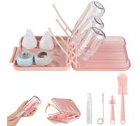 Bottle Brush Set -Baby Travel Essential-6 in 1 Bottle Cleaner Kit with Silicone Bottle Brush,Nipple Cleaner Brush,Straw Brush,Soap Dispenser,Storage Box,Bottle Drying (Pink) (Pink)