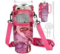 Bottle Holder Bag 40oz with Strap & Pocket - Pink Marble