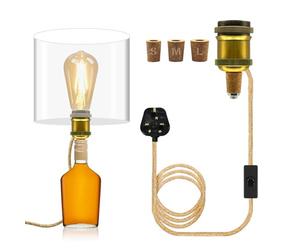 Bottle Lamp Kit, E27 Ceramic Lamp Holder, 240CM Hemp Rope Cable, Bottle Light Adaptor Kit with 3 Sizes of Stoppers, Light Kits Do It Yourself UK, DIY Table Lamp Fittings for Various Bottles, Bronze