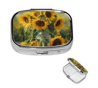 Bottle of Sunflowers Pill Box 2 Compartment Square Portable Pill Case for Pocket or Purse Small Weekly Medicine Planner Travel Pillbox with Mirror Decorative Metal Vitamin Holder Gifts