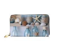 Bottle Seashell Printed Leather Wallet for Men Women, Long Clutch Handbag with 12 Card Holder and 3 Money Clip